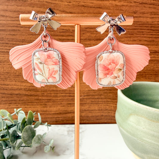 Floral Ginkgo Leaf Dangle Earrings