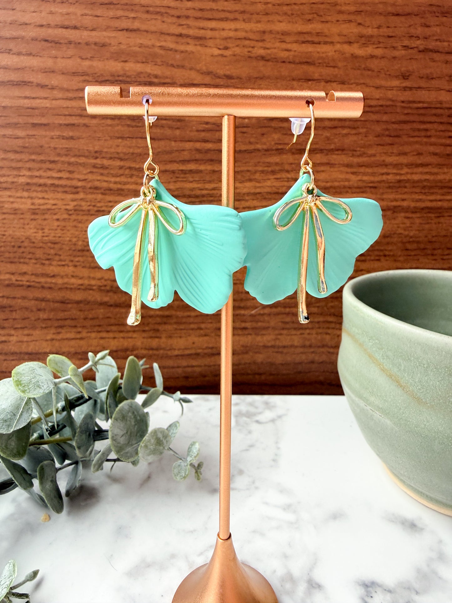 Ginkgo Leaf Bow Dangle Earrings